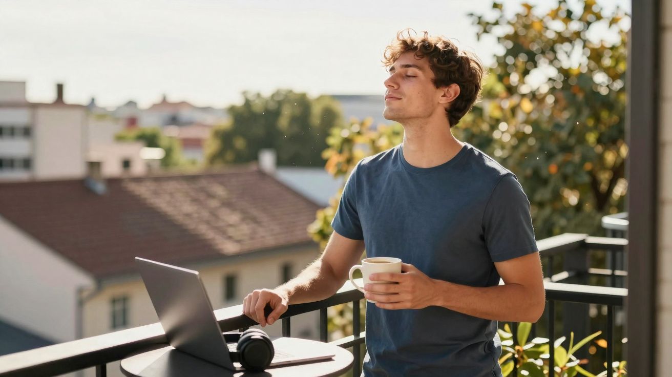 Jovem aproveita o sol na varanda com uma caneca na mão, laptop e fones sobre a mesa.