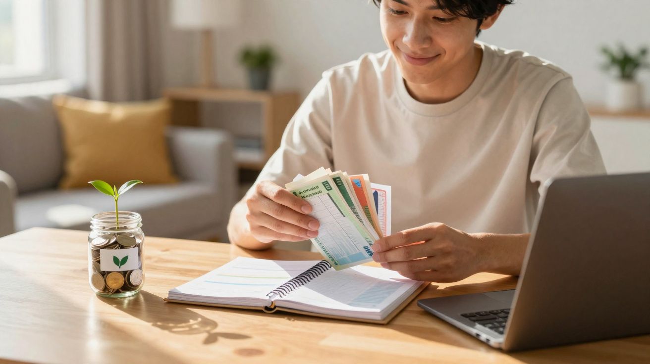 Pessoa contando dinheiro sentado à mesa com notebook, caderno aberto e pote com moedas e planta.