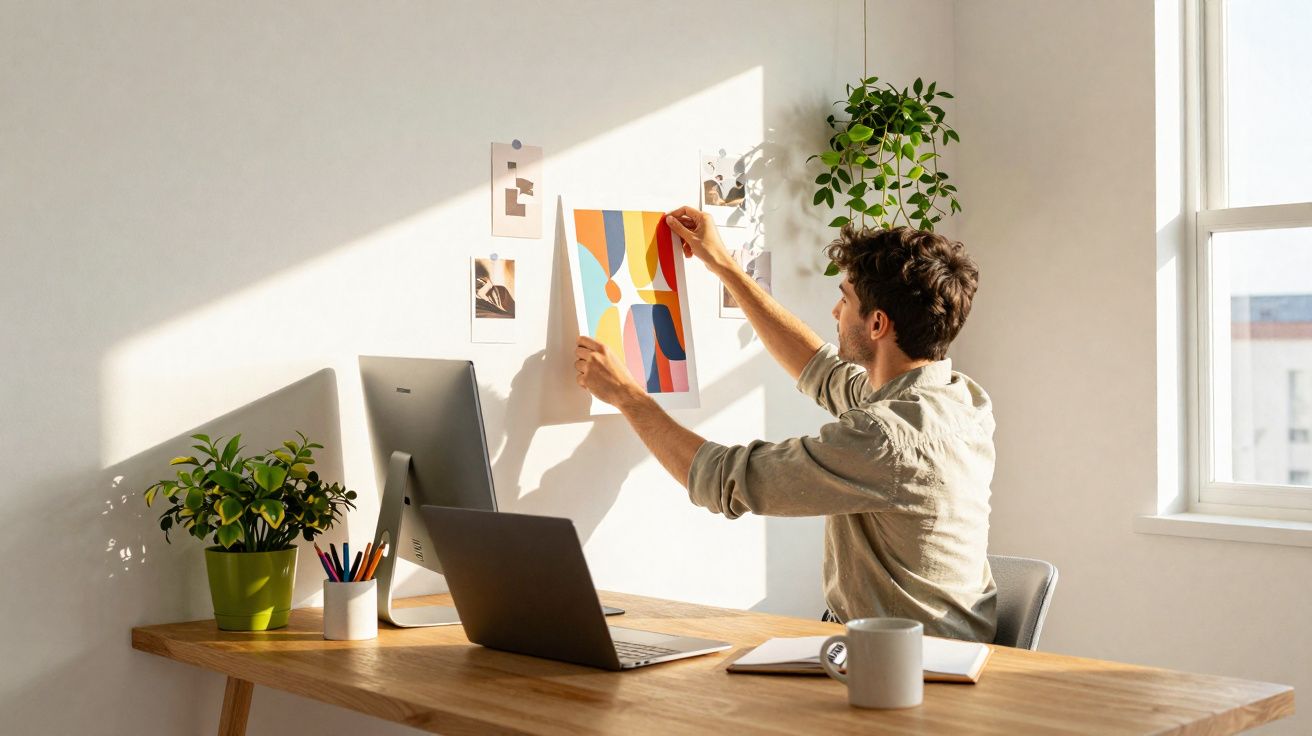 Homem organiza quadro colorido em escritório com laptop, planta e mesa de madeira sob luz natural.