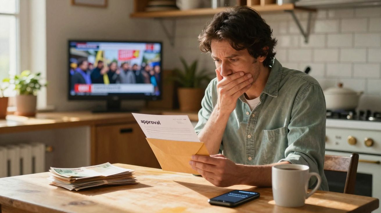 Homem preocupado lendo carta na cozinha com televisão ligada ao fundo e dinheiro sobre a mesa.