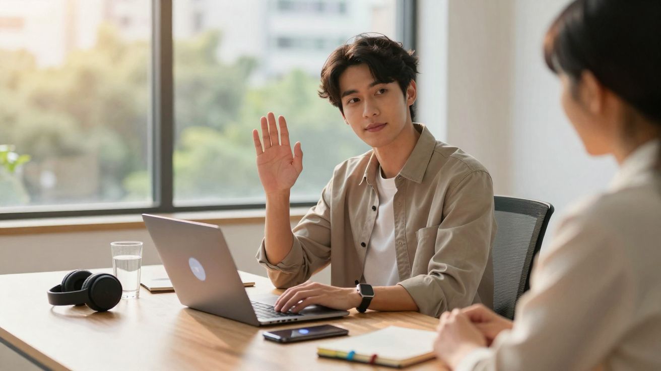 Jovem sentado à mesa com laptop, acenando com a mão durante conversa com outra pessoa.