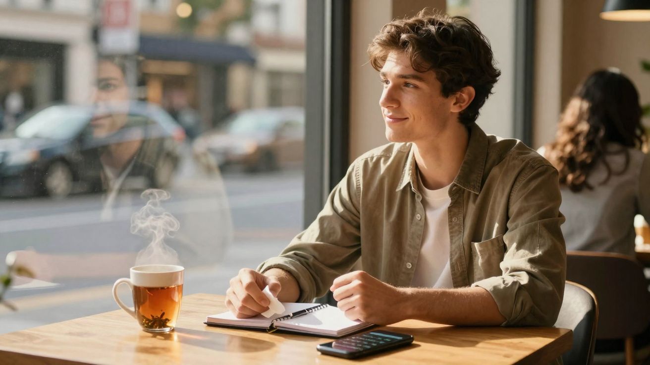 Jovem sorridente escrevendo em caderno em café ao lado de janela com xícara de chá fumegante na mesa.
