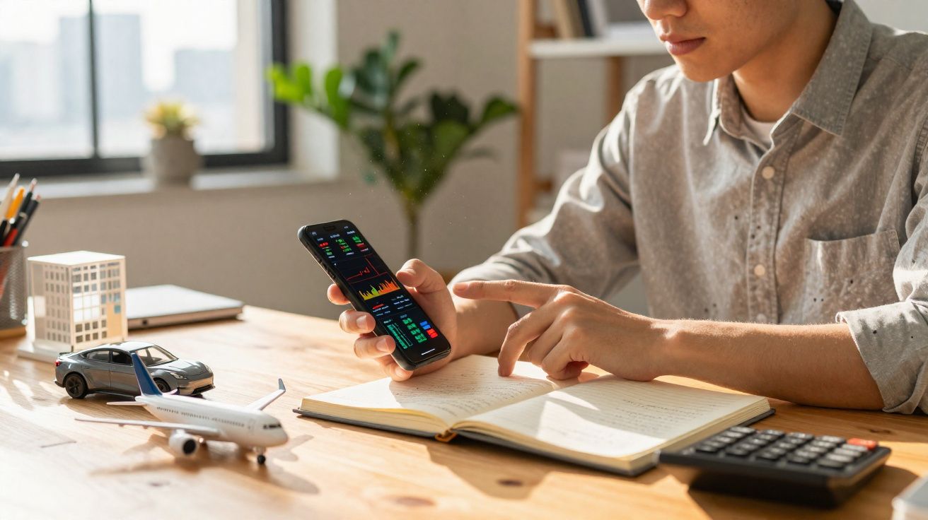 Pessoa analisando gráficos financeiros no celular, com caderno, calculadora, miniaturas de avião e carro na mesa.