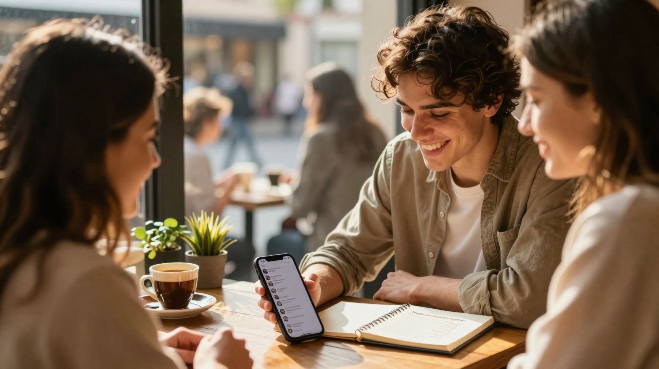 Três jovens conversando em cafeteria, um deles mostrando mensagens no celular para os outros.