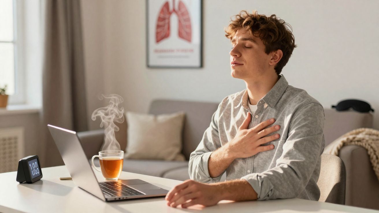 Homem sentado em mesa com laptop respirando fundo e com mão no peito, com xícara de chá quente ao lado.
