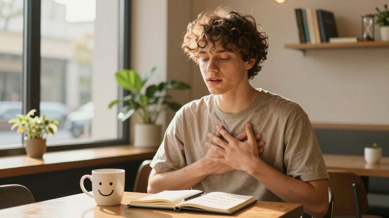 Jovem sentado à mesa com as mãos no peito, olhos fechados, lendo um caderno em ambiente iluminado.
