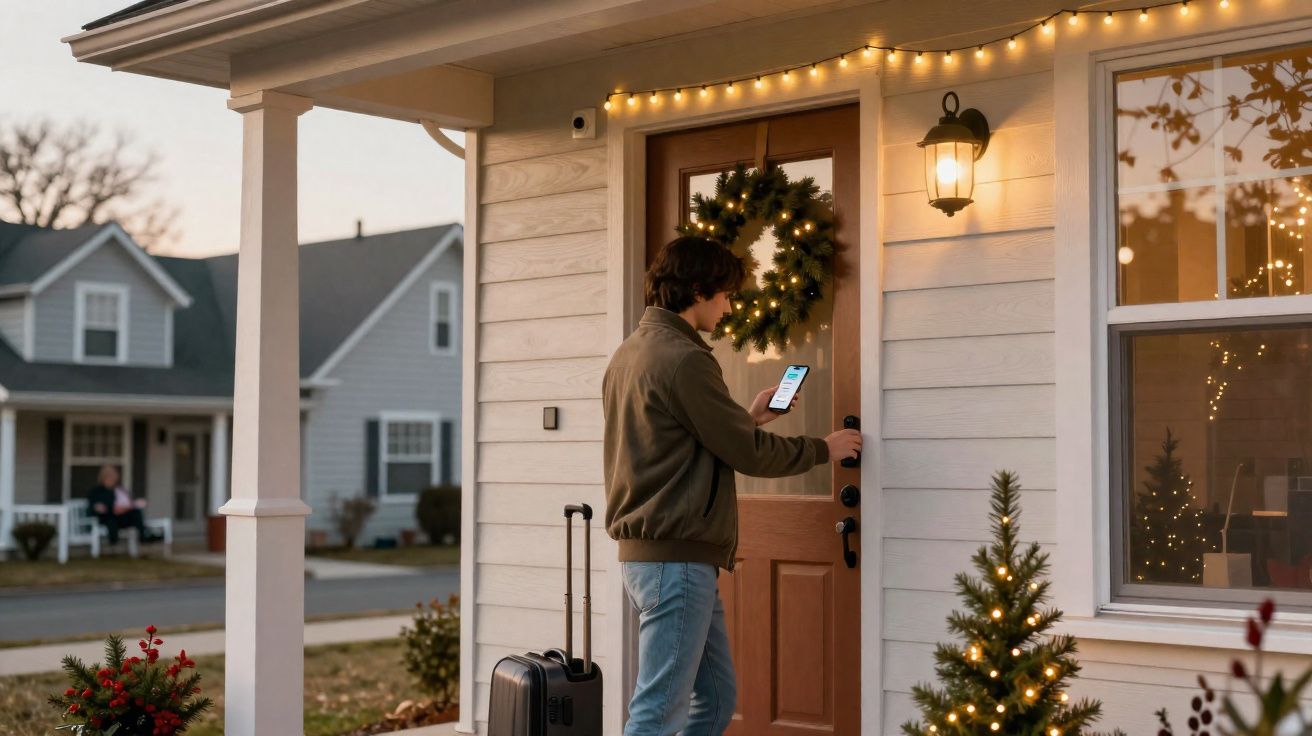Homem com mala na porta de casa decorada com guirlanda e árvore de Natal iluminada.