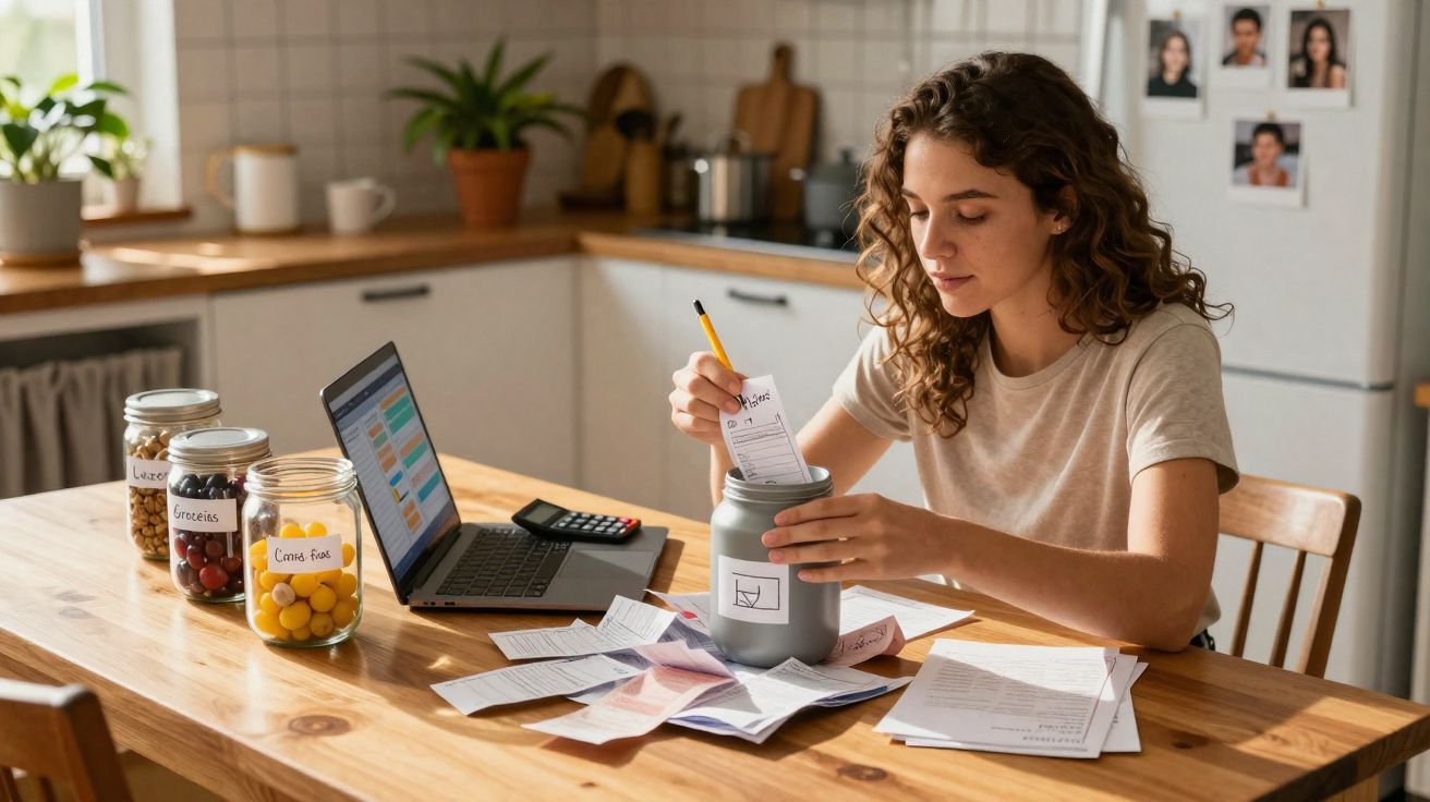 Mulher organizando finanças com cofre, laptop, calculadora e documentos em mesa de cozinha.
