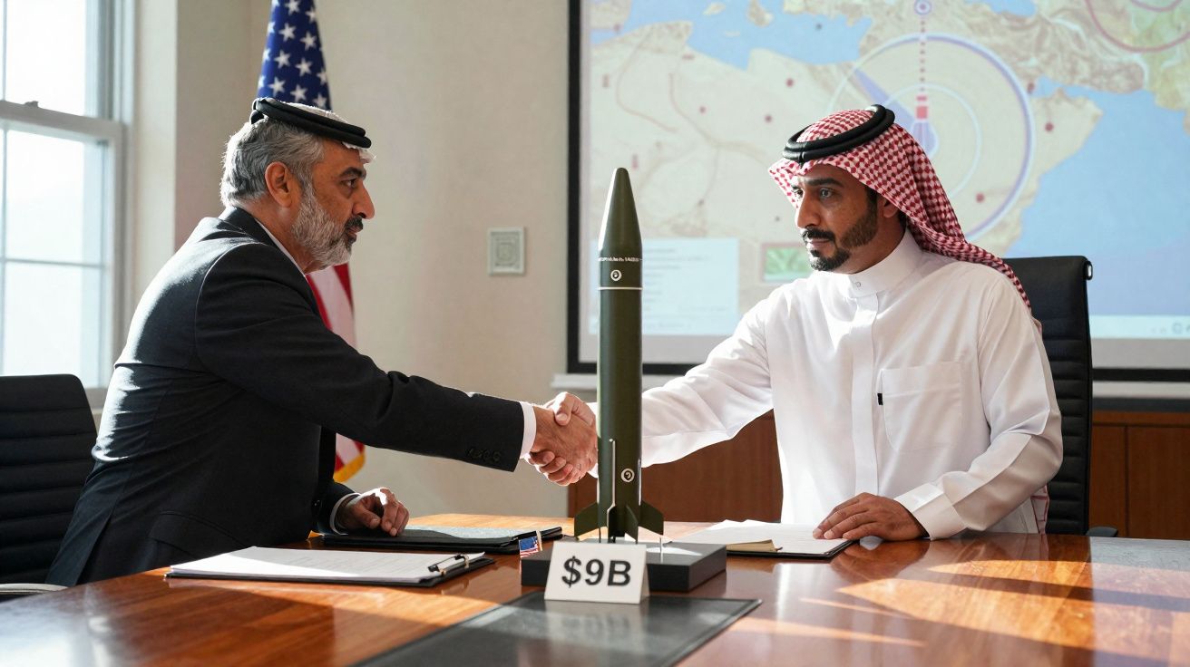 Dois homens se cumprimentando formalmente à mesa, com uma réplica de míssil e placa de $9B entre eles.