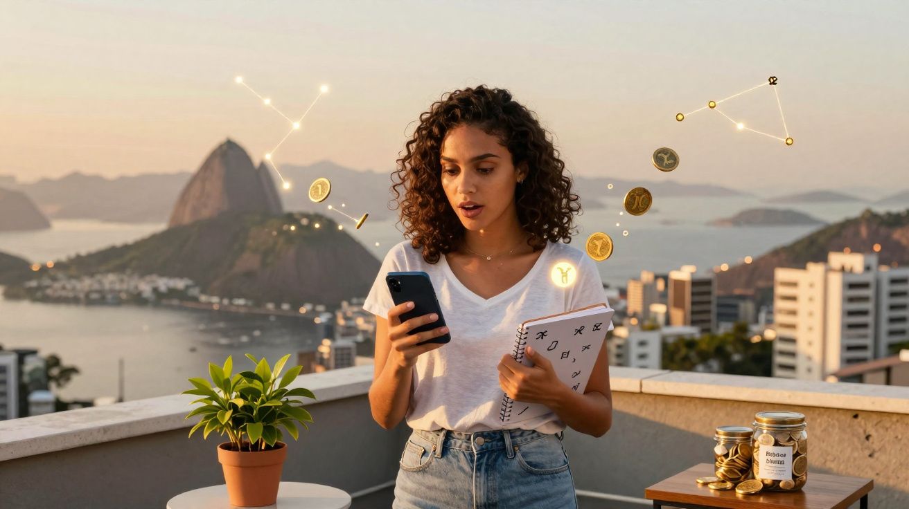 Mulher surpresa olhando para celular com símbolos de signos ao redor no terraço com vista para o Pão de Açúcar.