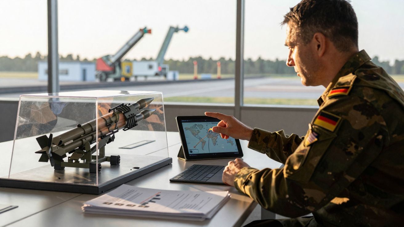 Militar em uniforme camuflado analisa mapa em tablet com modelo de míssil em exposição na mesa.