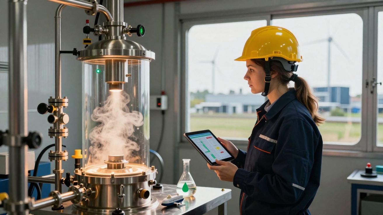 Mulher com capacete amarelo usando tablet ao lado de equipamento industrial com vapor em ambiente tecnológico.