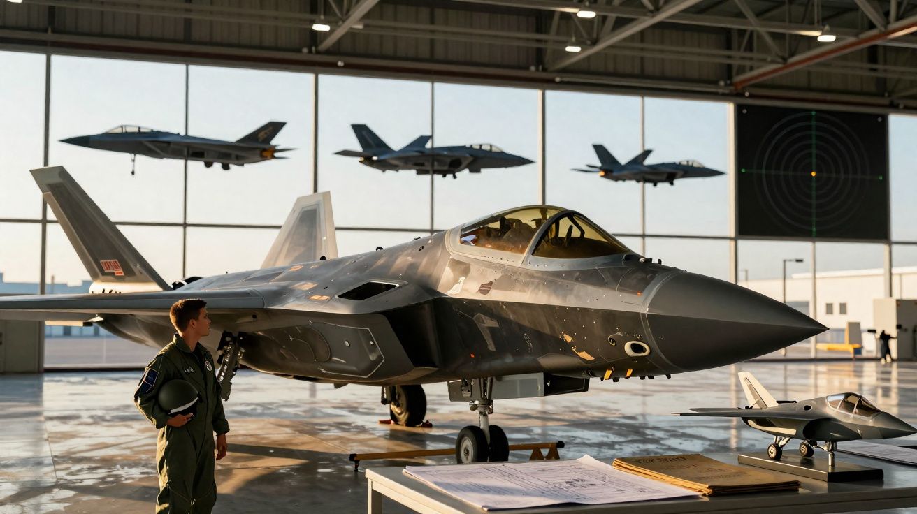 Avião de caça em hangar com piloto ao lado e três jatos voando ao fundo em fila.