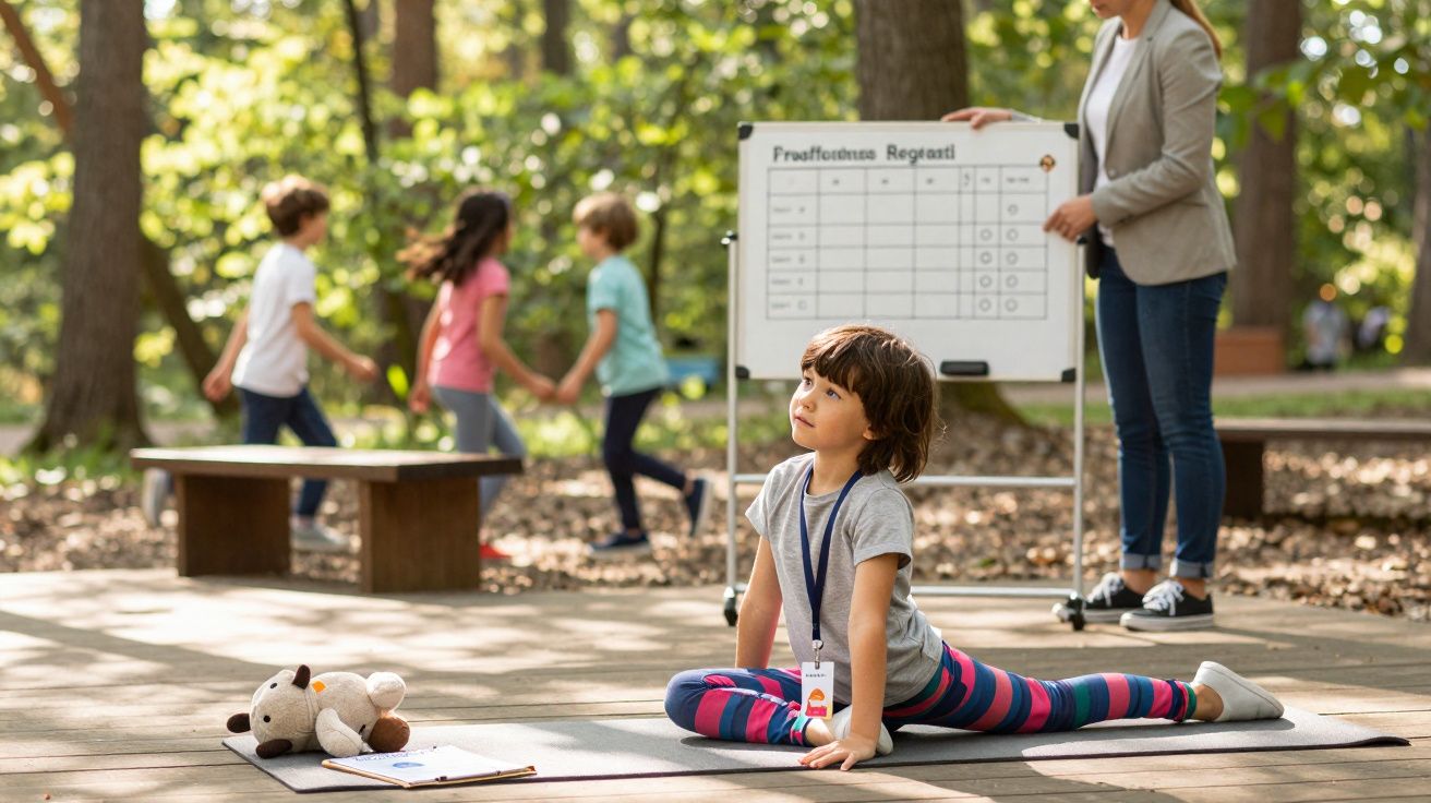 Criança fazendo alongamento no parque com brinquedo e professora ao fundo em área ao ar livre.