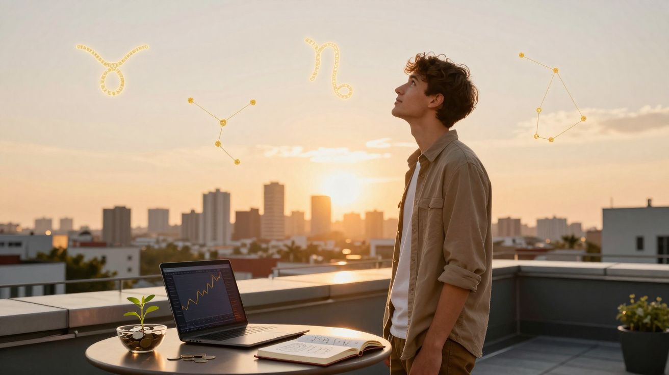 Jovem observa signos do zodíaco no céu ao pôr do sol em cobertura com laptop e planta sobre mesa.