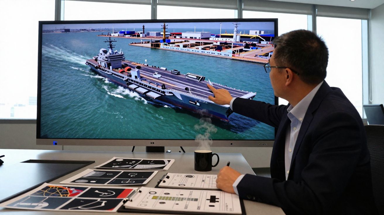 Homem em terno aponta para maquete digital de porta-aviões na tela, com plantas sobre mesa em escritório moderno.