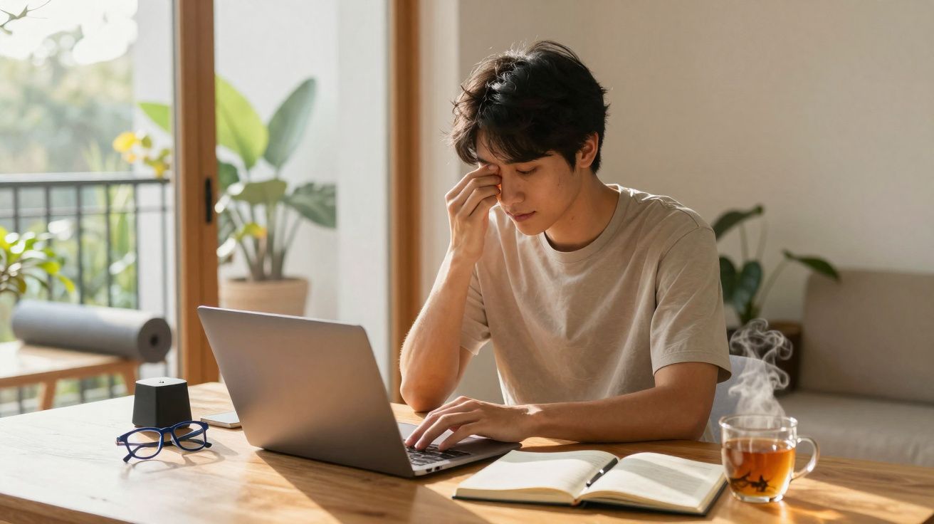 Jovem sentado em mesa com laptop, livro aberto e xícara de chá, passando a mão na testa com expressão cansada.