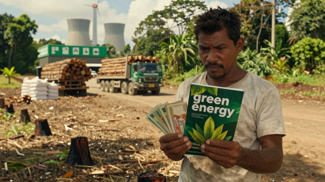 Homem segurando dinheiro e folheto sobre energia verde, com caminhões e vegetação ao fundo.
