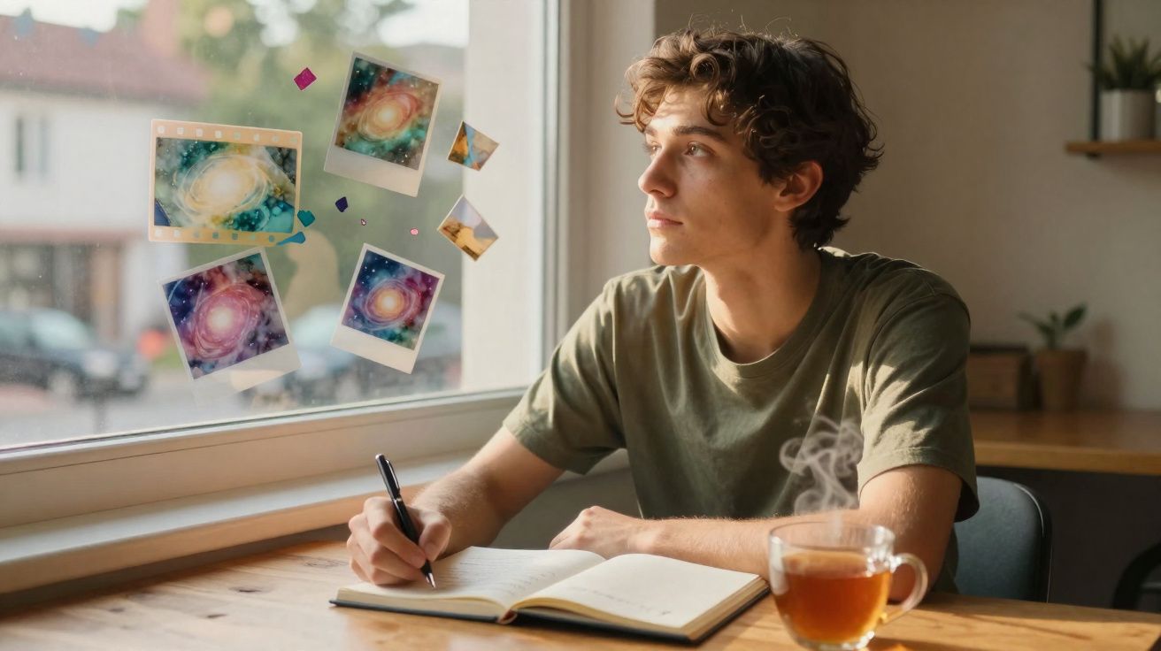 Jovem sentado à mesa escrevendo em caderno, olhando pela janela com imagens de galáxias flutuando no ar.