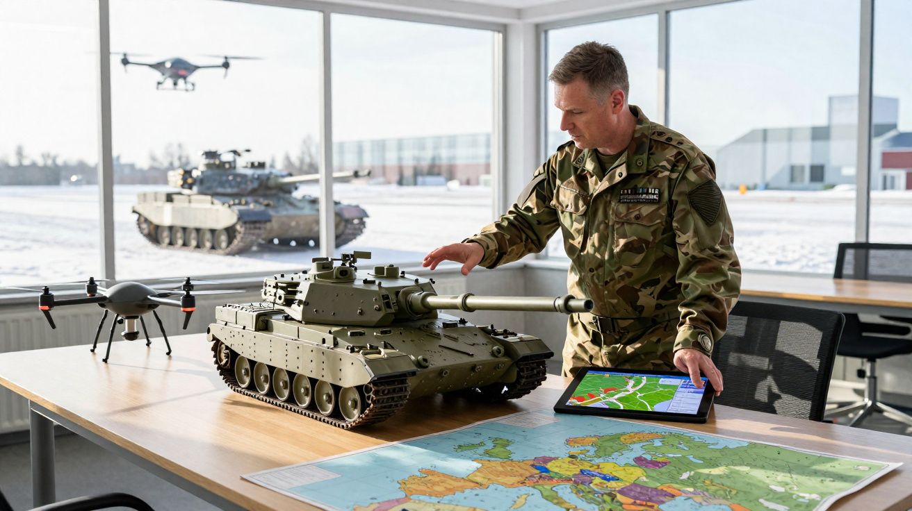 Militar em uniforme controla tanque de guerra em miniatura sobre mesa com mapa e tablet em sala com janela ampla.