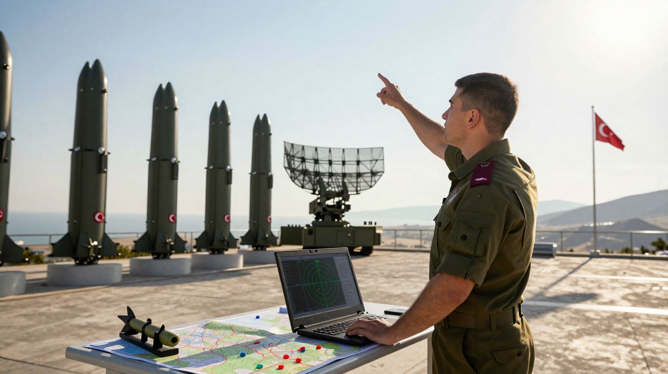 Militar turco em uniforme aponta para mísseis enquanto analisa radar e mapa em mesa ao ar livre.