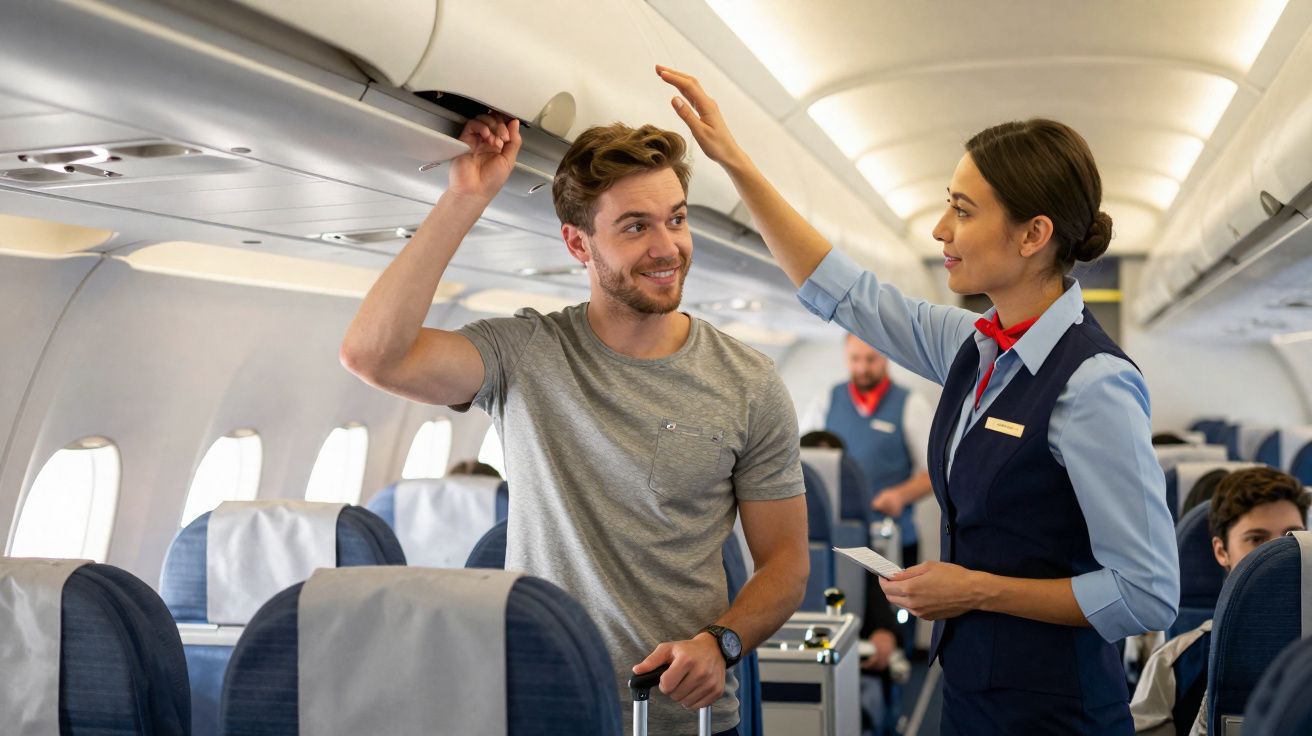 Passageiro guardando bagagem no compartimento superior com ajuda de comissária em avião.