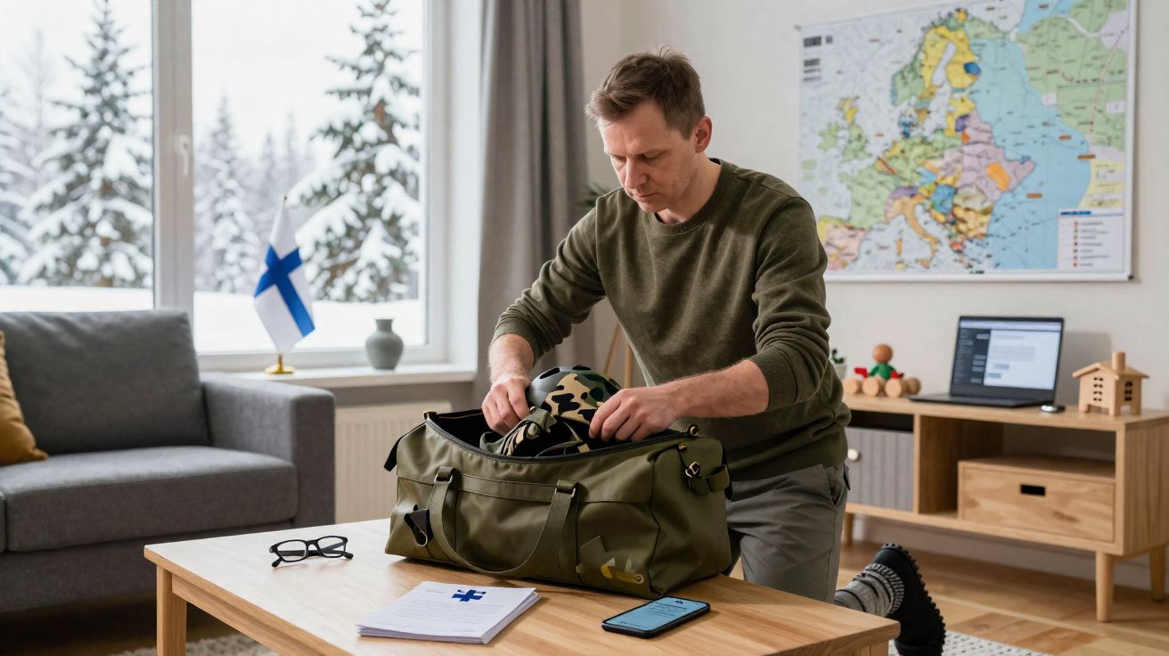 Homem arrumando mochila militar em sala com mapa da Europa e bandeira da Finlândia na janela.
