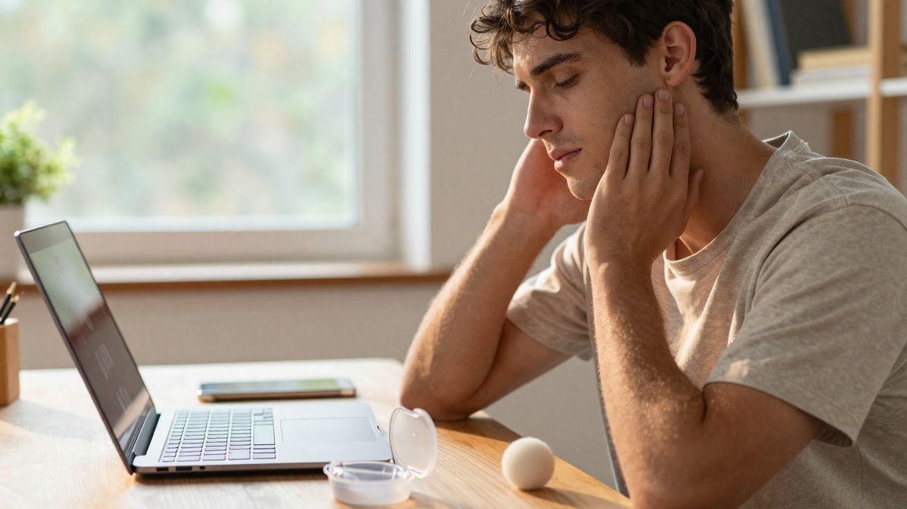 Jovem sentado à mesa com laptop e bola de massagem aplicando pressão no pescoço.