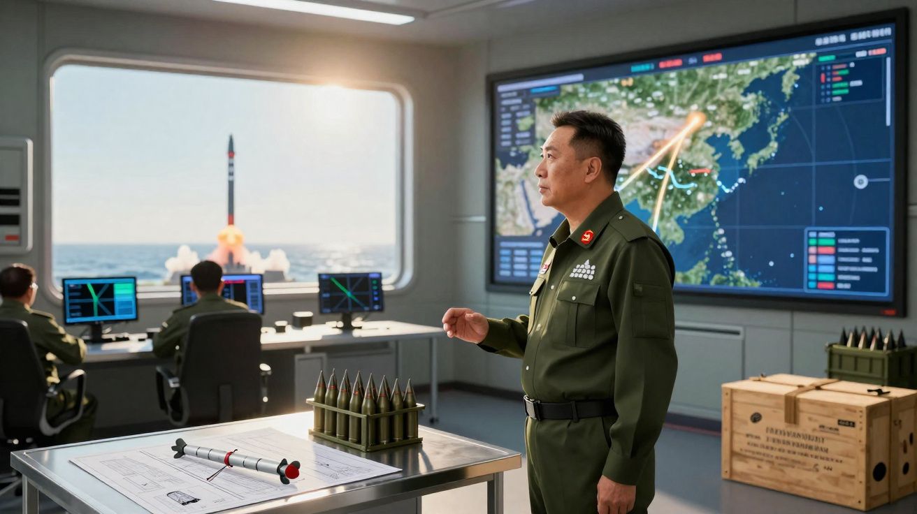 Militar observa lançamento de míssil em sala de controle com mapas e equipamentos militares.