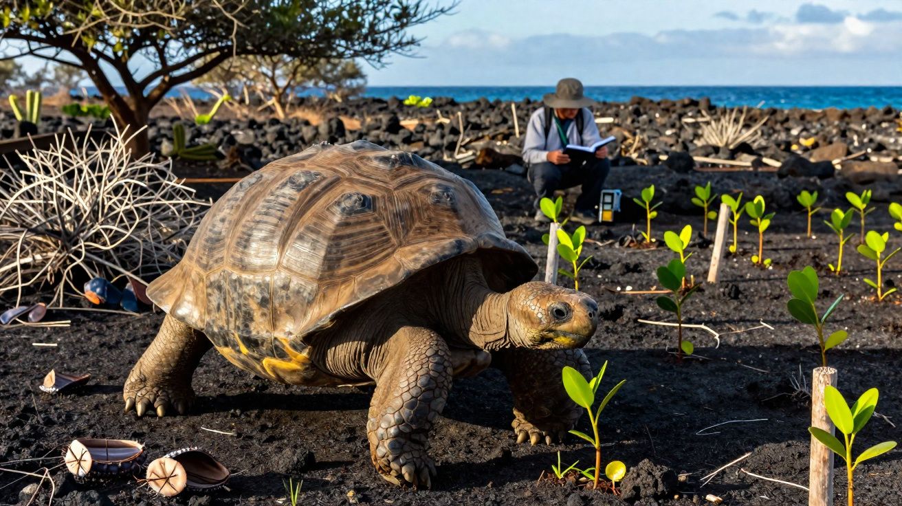 Tartaruga gigante em solo vulcânico perto de mudas, com pessoa sentada ao fundo lendo, céu azul e mar.