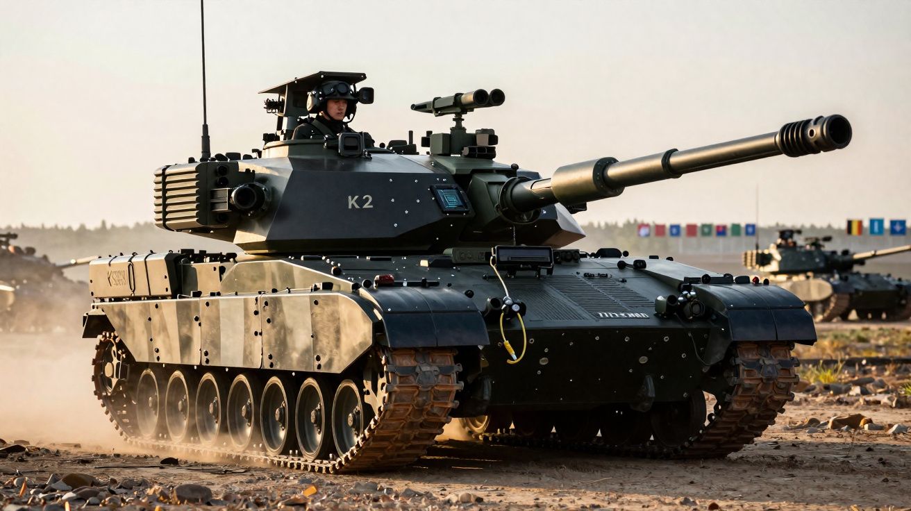 Tanque militar K2 preto em terreno arenoso com soldado e outros tanques ao fundo.
