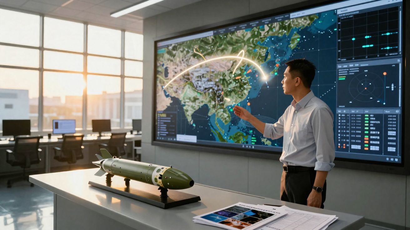 Homem analisa mapa digital estratégico com sala de operações e modelo de míssil em mesa à frente.