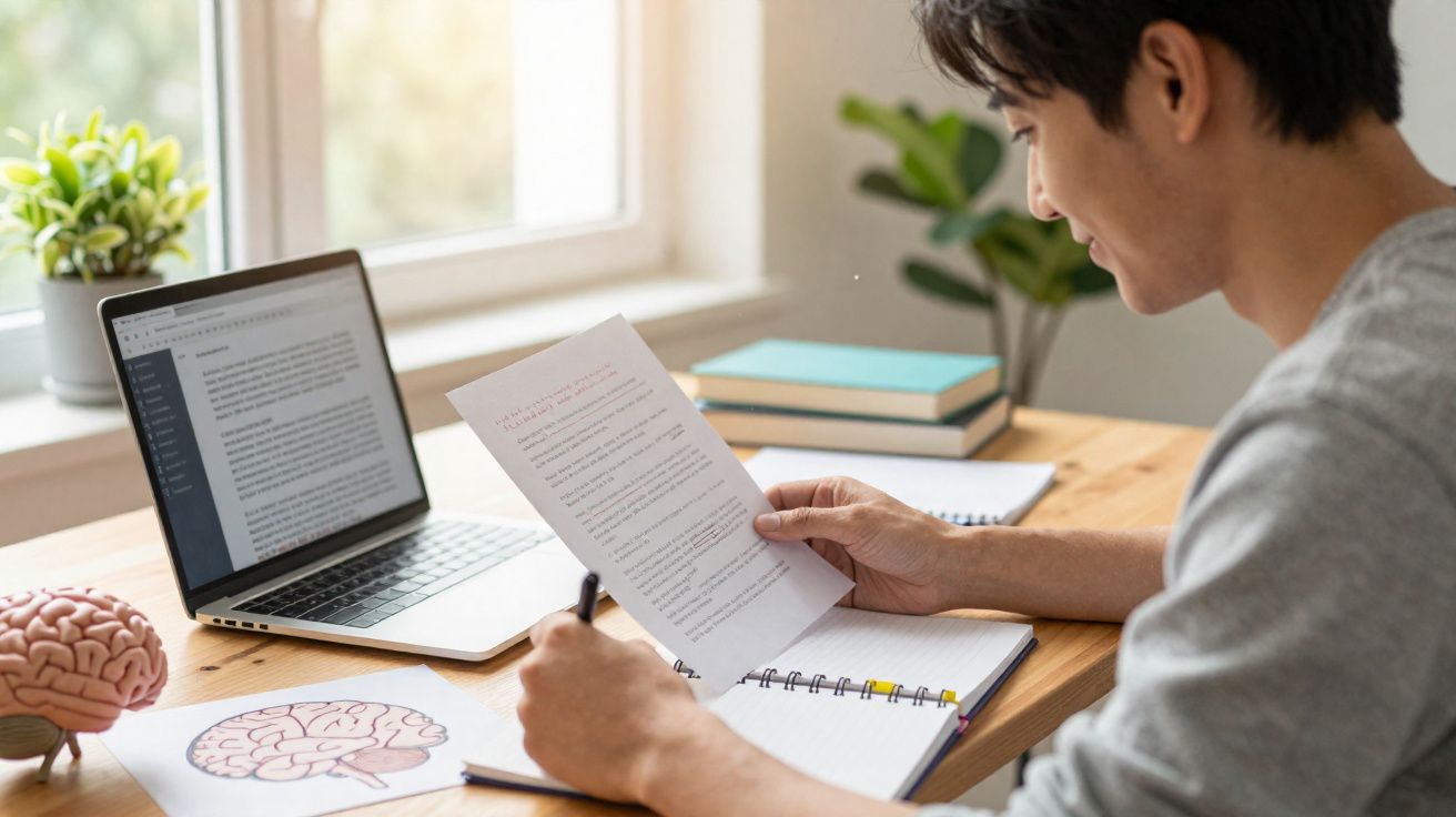 Homem sentado em mesa analisando papel com anotações, notebook aberto e desenhos de cérebro ao redor.