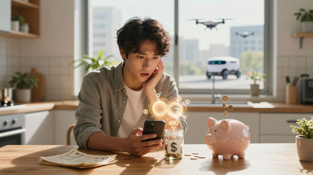 Homem surpreso usando celular em cozinha com cofrinho, moedas e ícone digital de economia.