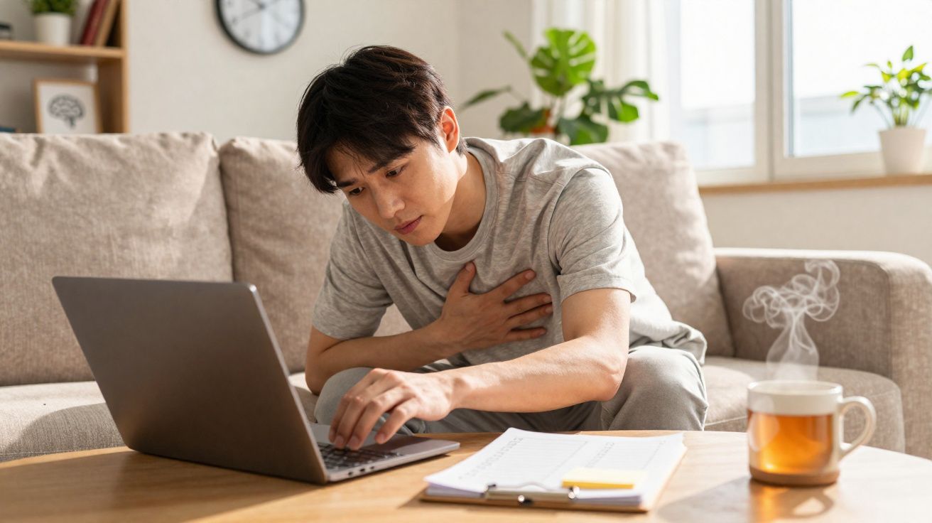 Jovem sentado no sofá com expressão de dor no peito enquanto usa laptop em mesa com caderno e chá.