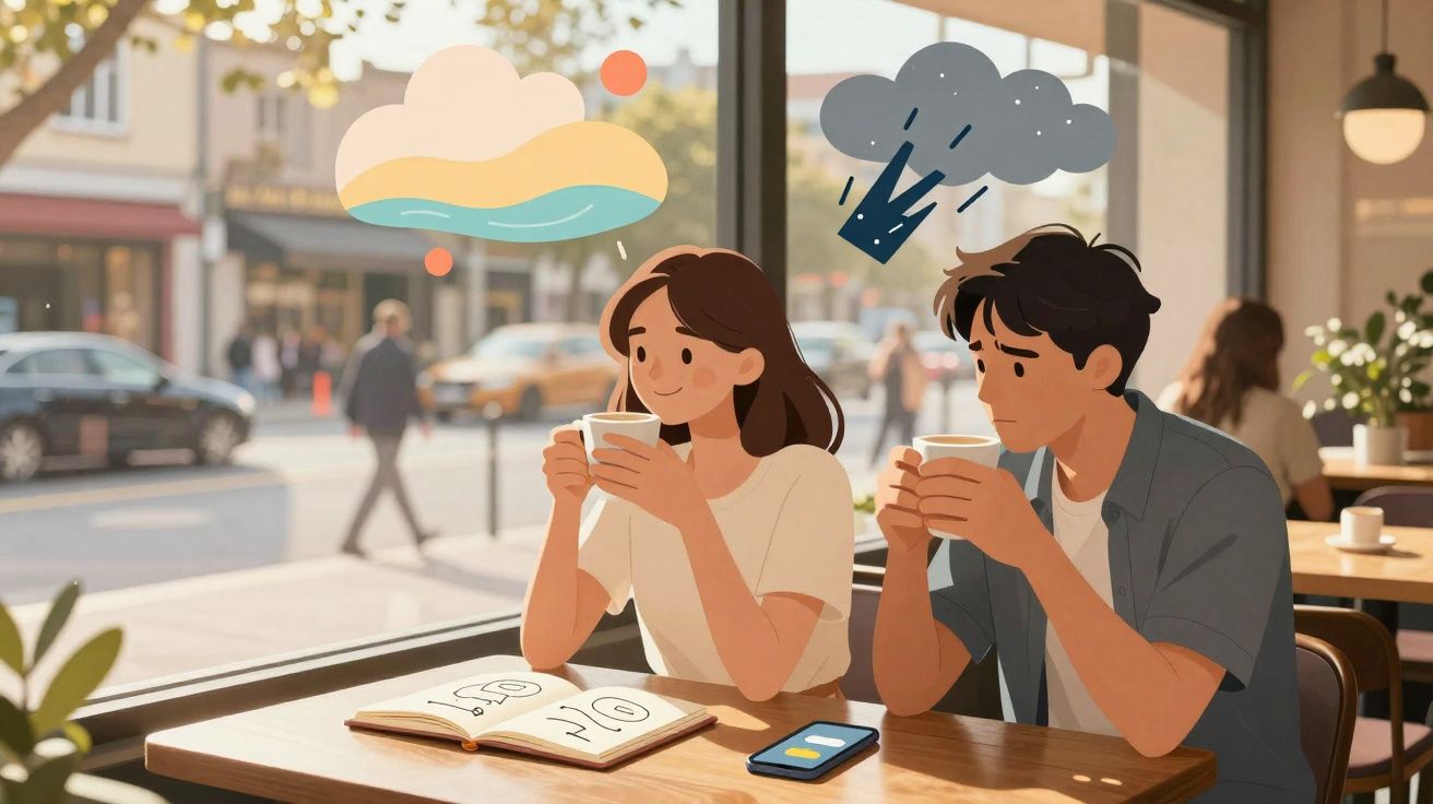 Casal em café, ela feliz com nuvem ensolarada, ele preocupado com nuvem de tempestade acima da cabeça.