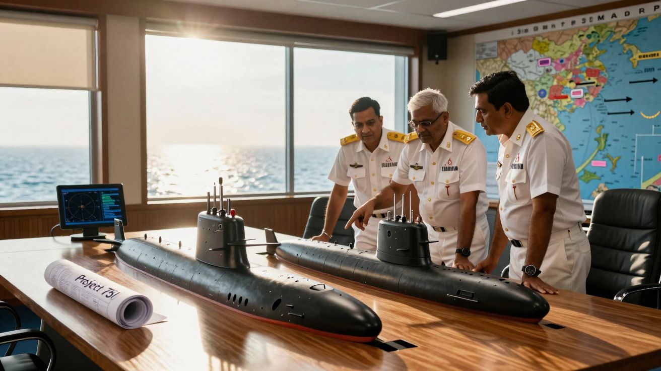 Três homens fardados analisam modelos de submarinos em mesa com mar ao fundo e mapa na parede.