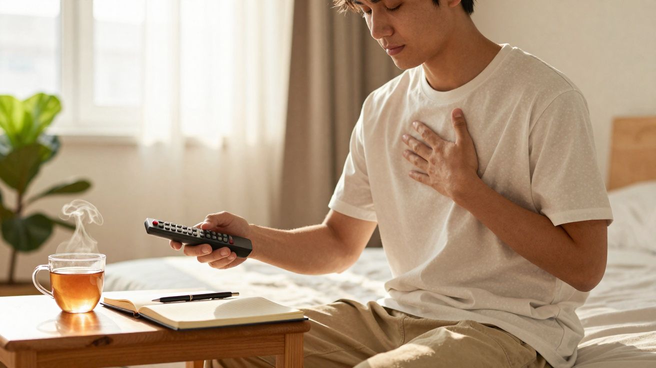 Jovem sentado na cama com mão no peito, segurando controle remoto, ao lado de chá e caderno na mesa.
