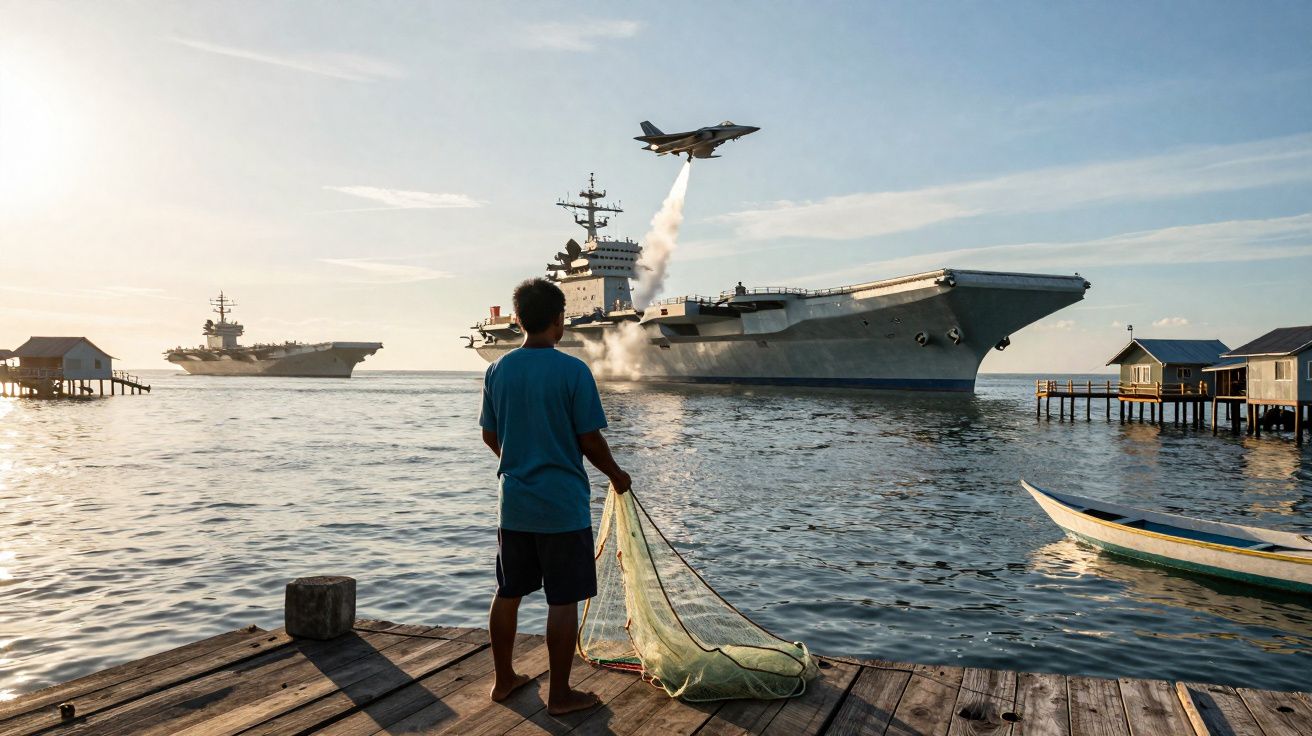 Homem de costas com rede observa porta-aviões lançando jato naval no mar ao amanhecer.