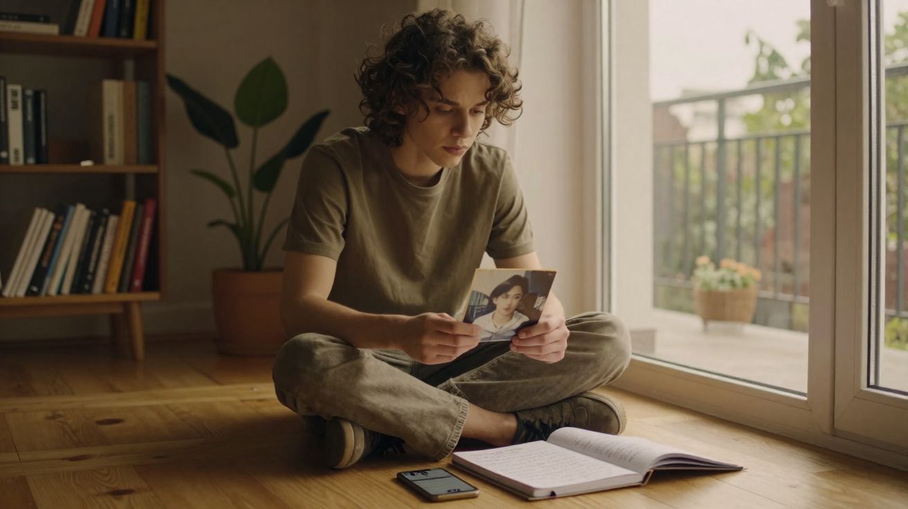 Jovem sentado no chão vendo uma foto, com um caderno aberto e celular ao lado, perto de porta de vidro.