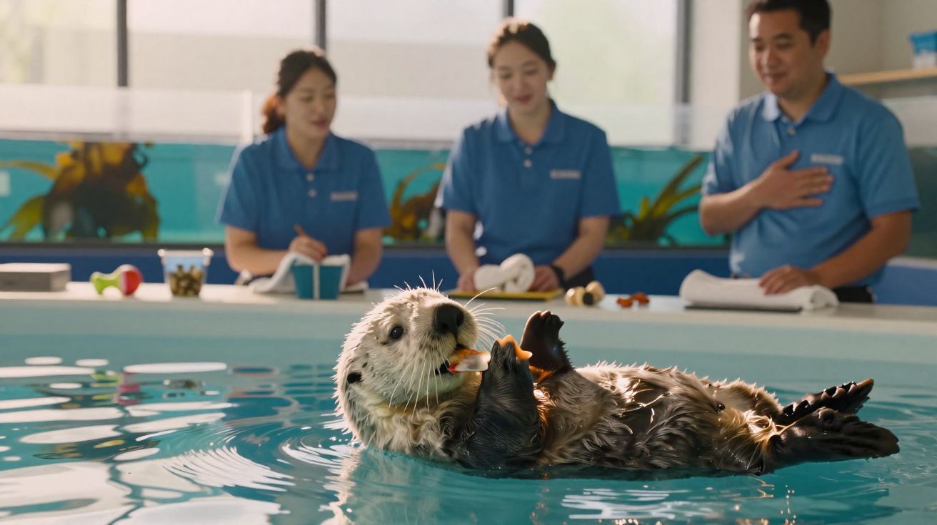 Lontra marinha brincando na piscina enquanto três tratadores observam ao fundo.