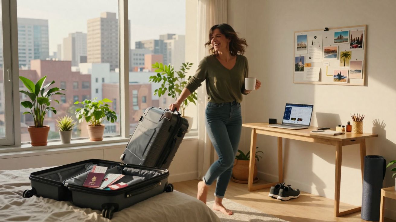 Mulher sorridente segurando caneca e mala, preparando-se para viagem em quarto iluminado com plantas e laptop.
