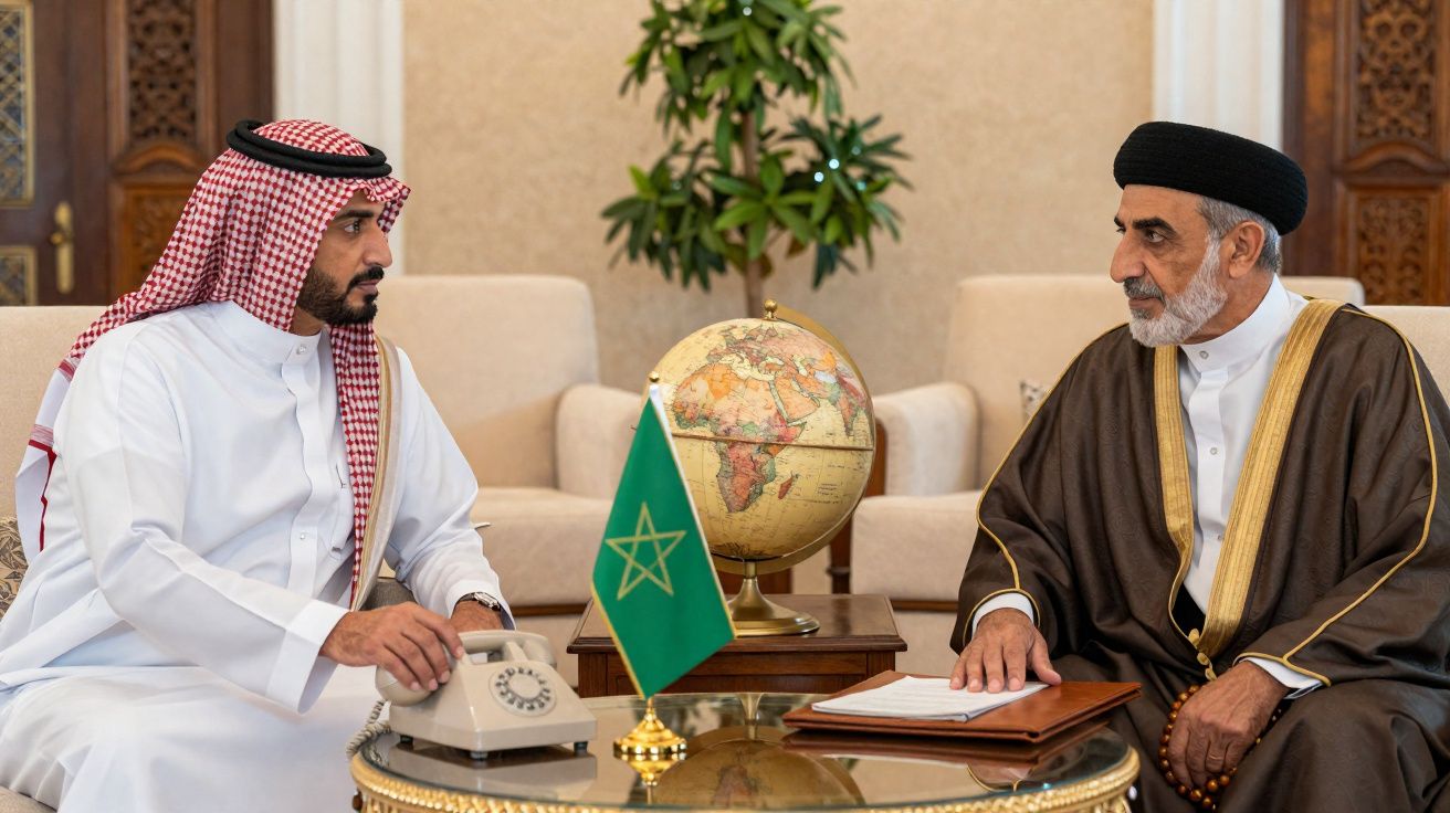 Dois homens em trajes tradicionais do Oriente Médio conversam sentados à mesa com um globo e bandeira do Marrocos.