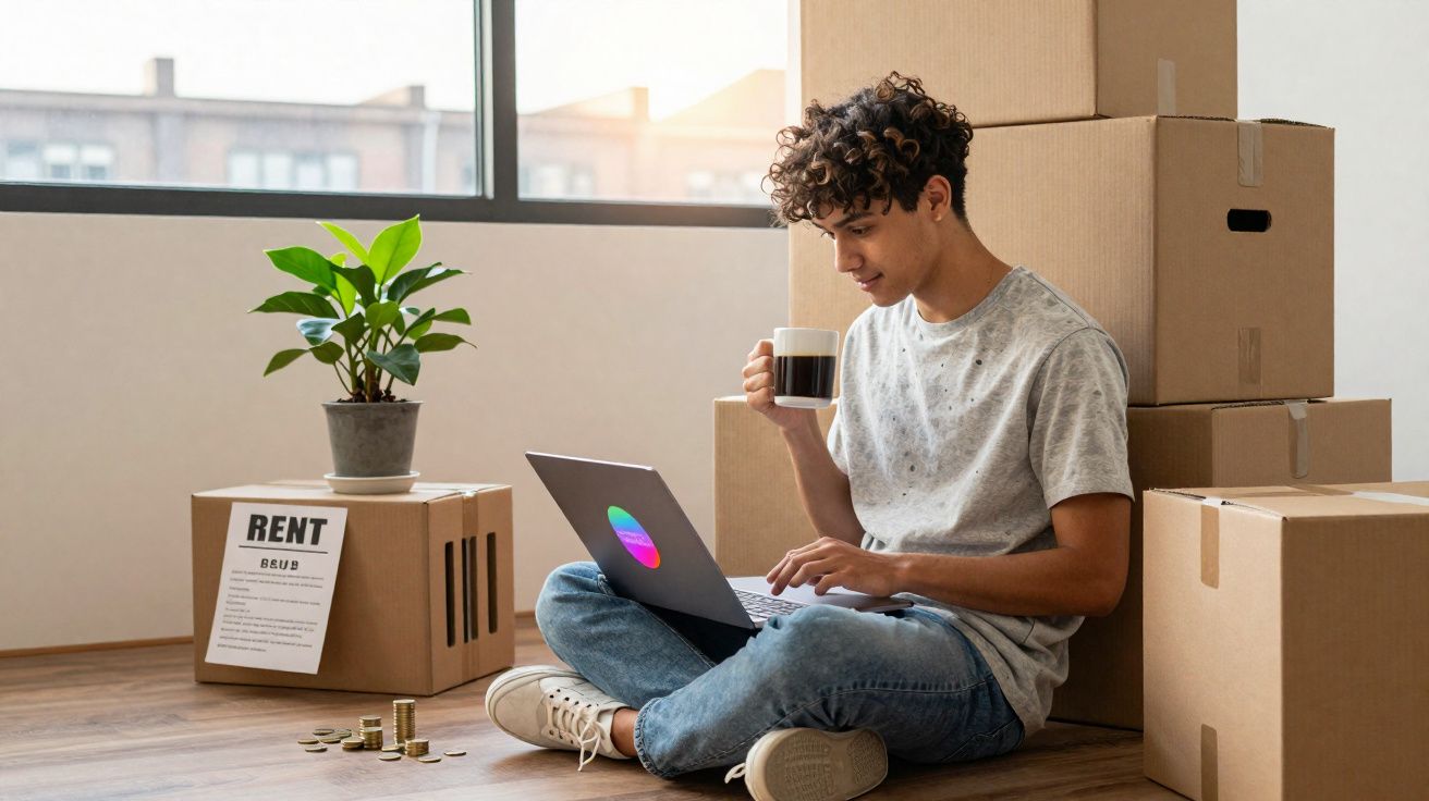 Jovem sentado no chão entre caixas de mudança, usando laptop e tomando café em ambiente iluminado.