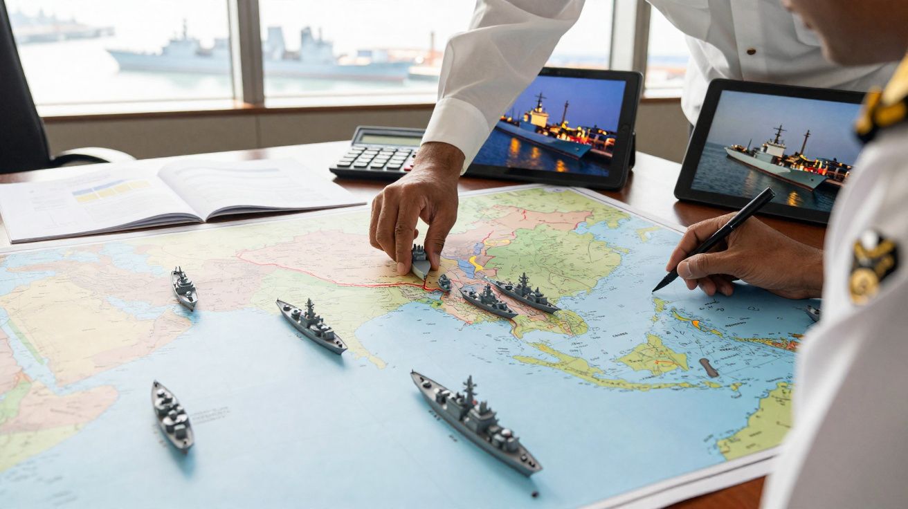 Dois homens em uniformes navais posicionam modelos de navios sobre um mapa marítimo.