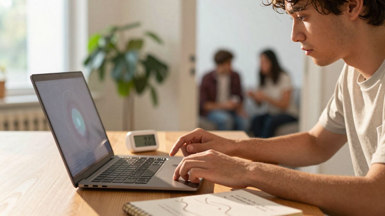 Jovem usando laptop em mesa com caderno, relógio digital e duas pessoas ao fundo conversando.