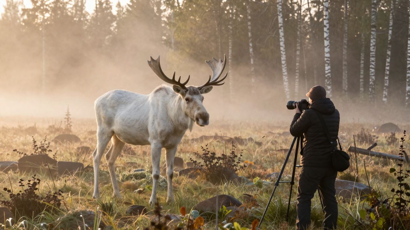 Fotógrafo registra alce branco em campo com árvores e neblina ao fundo durante amanhecer.
