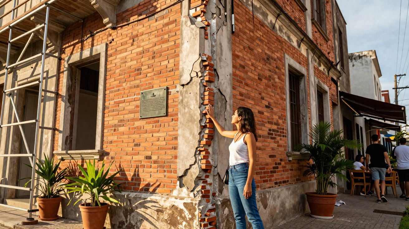 Mulher toca em rachadura grande na parede de tijolos de esquina de prédio histórico ao ar livre.