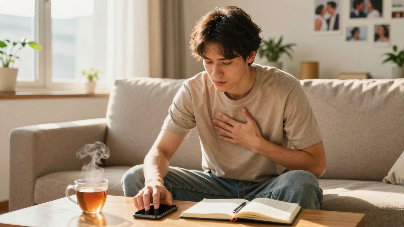 Jovem sentado no sofá com dor no peito, celular e livro aberto sobre a mesa, xícara de chá ao lado.