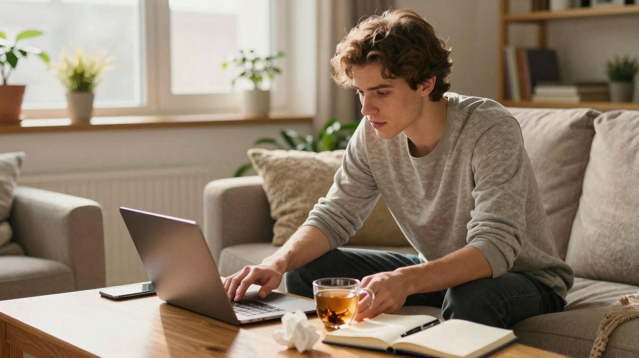 Jovem sentado no sofá usando laptop, com caderno aberto e xícara de chá sobre a mesa de madeira.